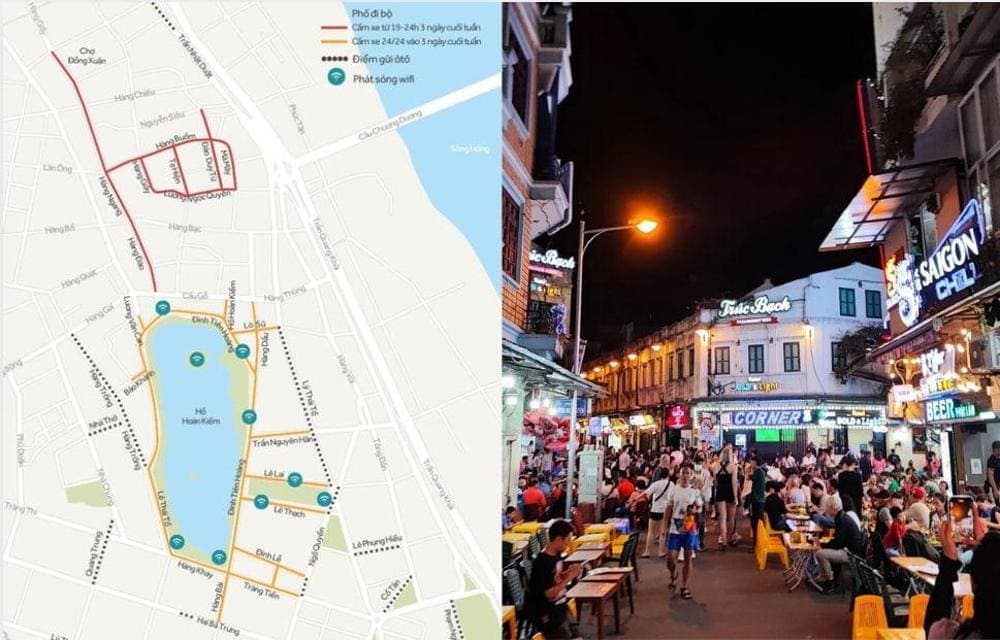 Sơ đồ tuyến đi bộ khu phố cổ - đánh dấu đỏ, phân biệt với tuyến đi bộ hồ Hoàn Kiếm đánh dấu cam