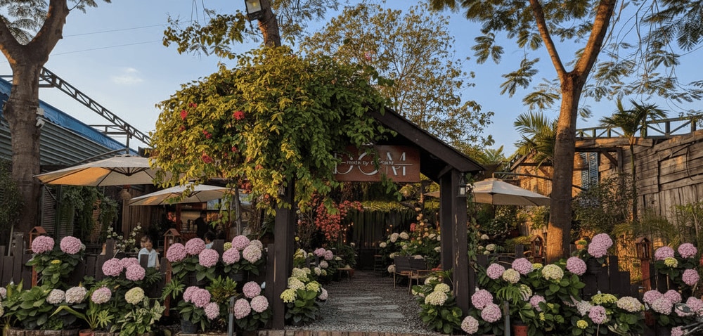 The DOM Cafe vào mùa hoa cẩm tú cầu