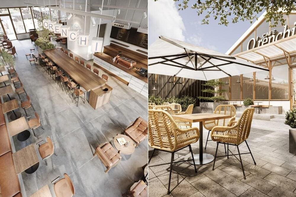 O’renchi Cafe có nội thất gỗ ấm áp kết hợp cùng khoảng sân vườn thoáng đãng mang lại cảm giác yên tĩnh, thư giãn (Nguồn: AAT Decor)