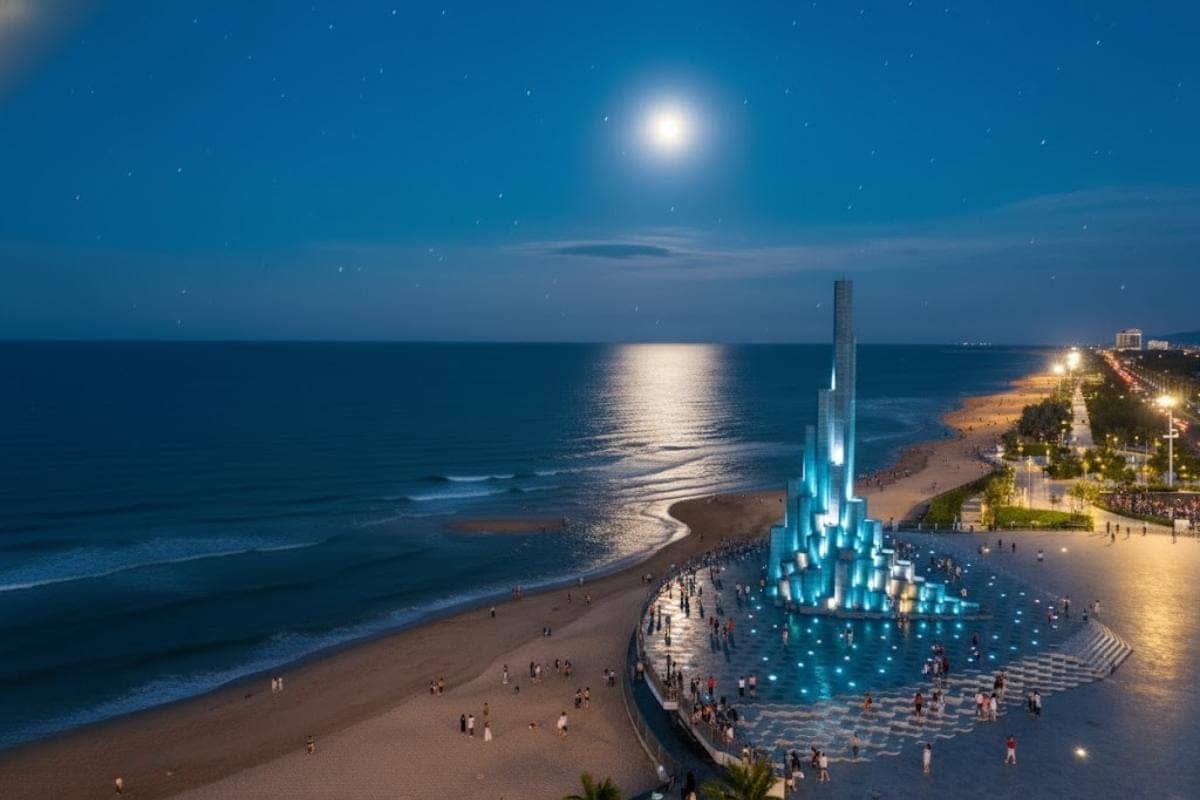 Không gian quảng trường bán nguyệt buổi tối.