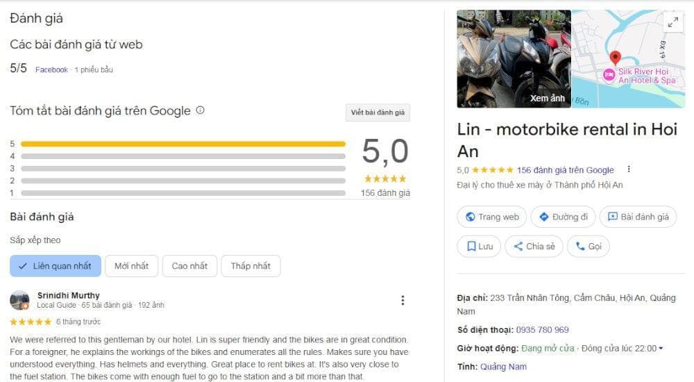 Dịch vụ cho thuê xe máy Lin được khách hàng xếp hạng 5 sao trên Google