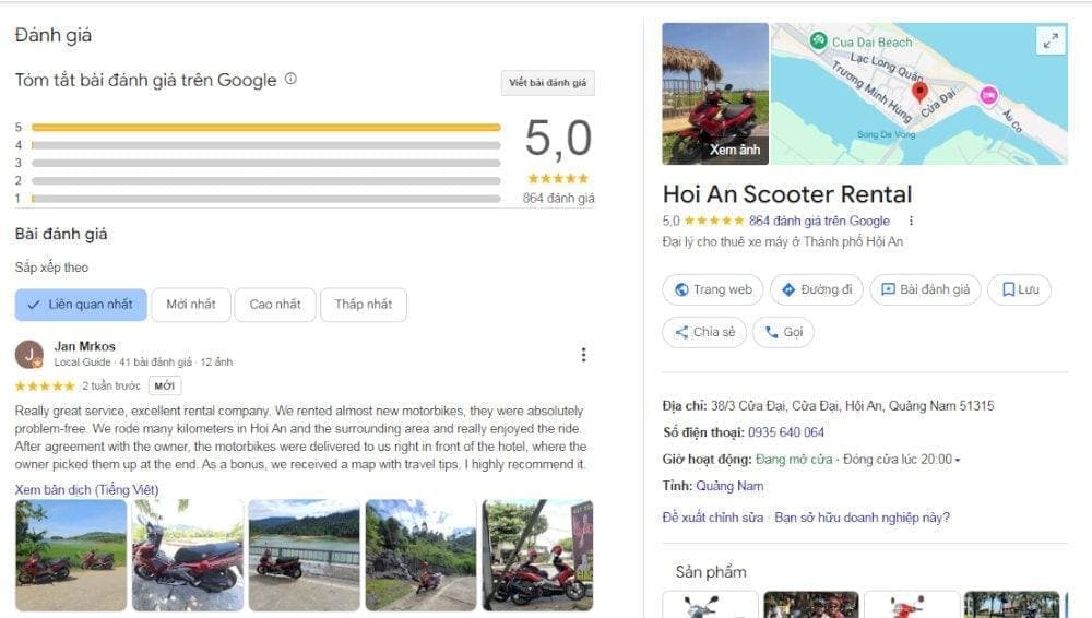Dịch vụ tại Hội An Scooter Rental đạt 4.9 sao trên Google với hầu hết là đánh giá tích cực