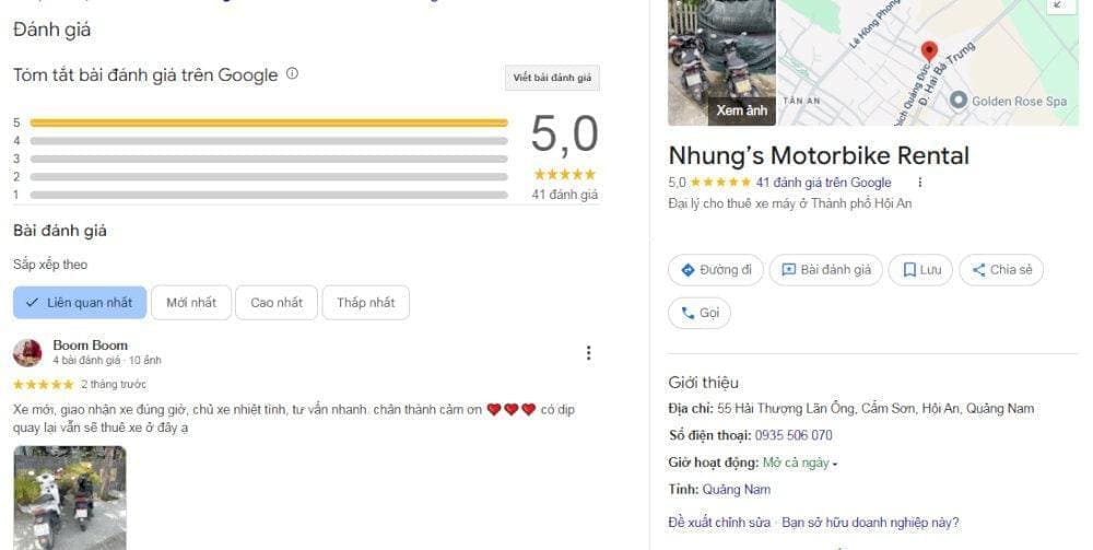 Nhung’s Motorbike Rental được khách hàng xếp hạng 5 sao trên Google