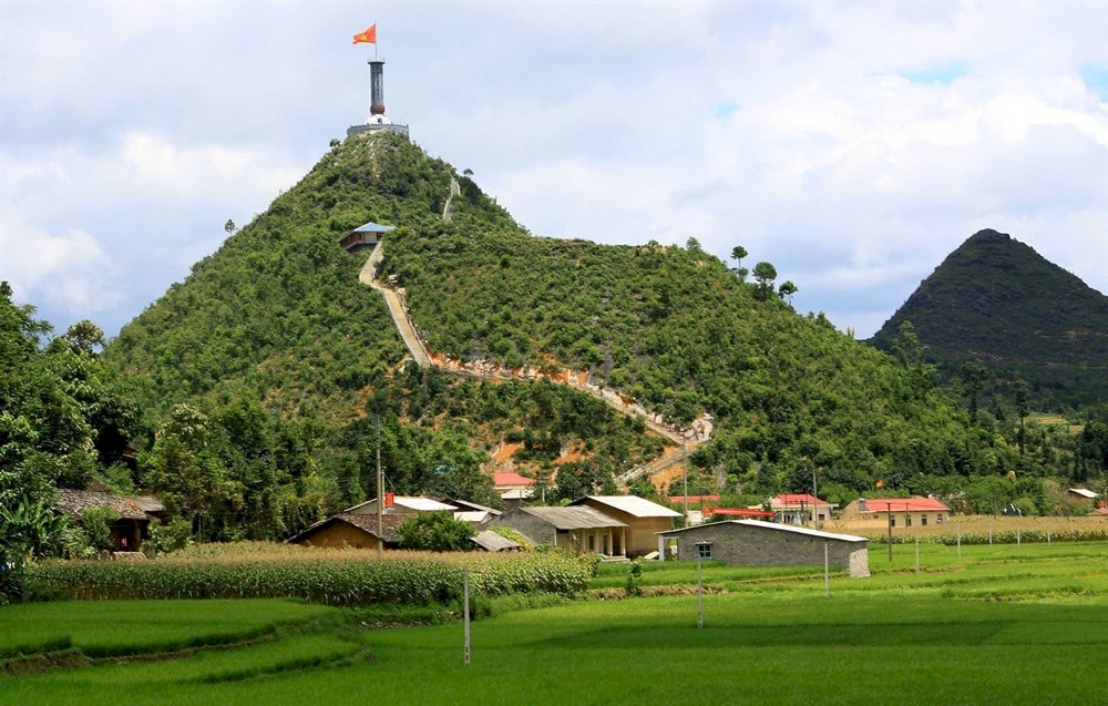 The majestic Lung Cu flag pole seen from the foot of the mountain