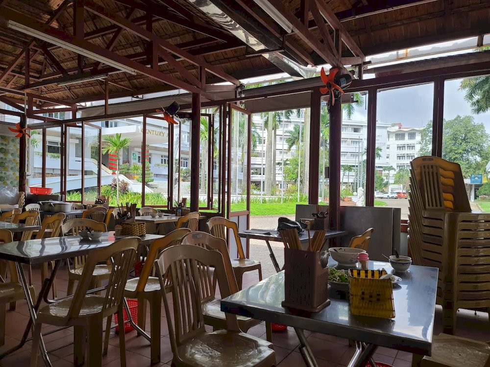 The restaurant has a spacious atmosphere with a beautiful view