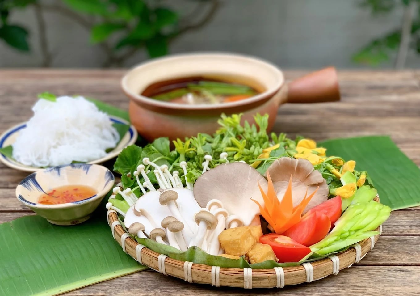 The diverse menu features standout vegetarian dishes like mushroom hotpot, vegan banh xeo, and Hue-style noodle soup that win over diners at first bite 