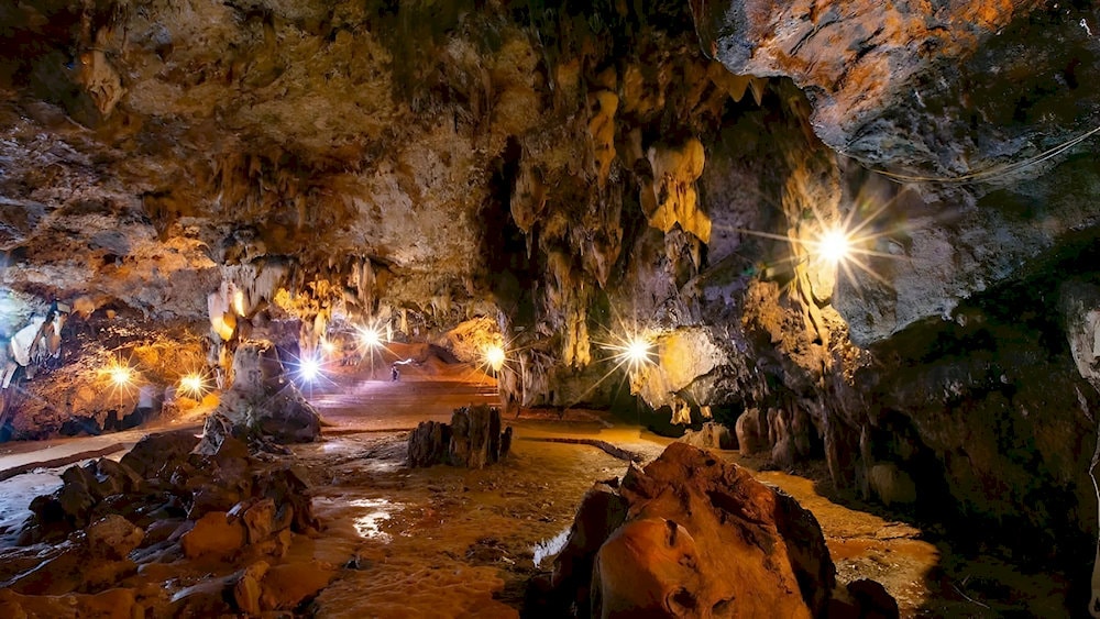 Various-shaped stalactite formations inside the cave