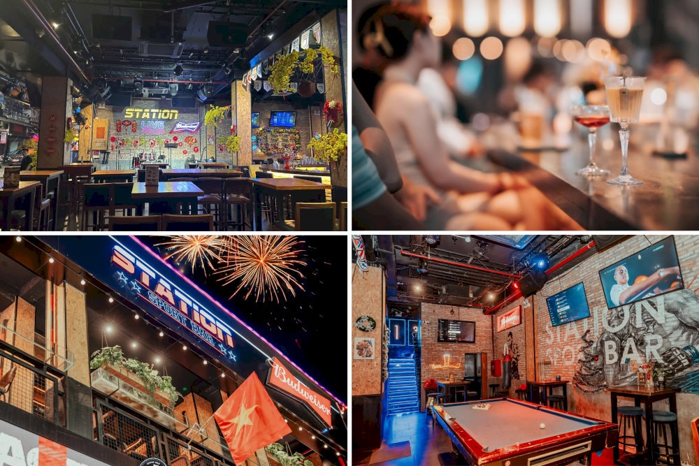 스포츠의 흥분과 전격적인 록 음악의 밤에 붐비는 클래식 스타일의 바입니다 