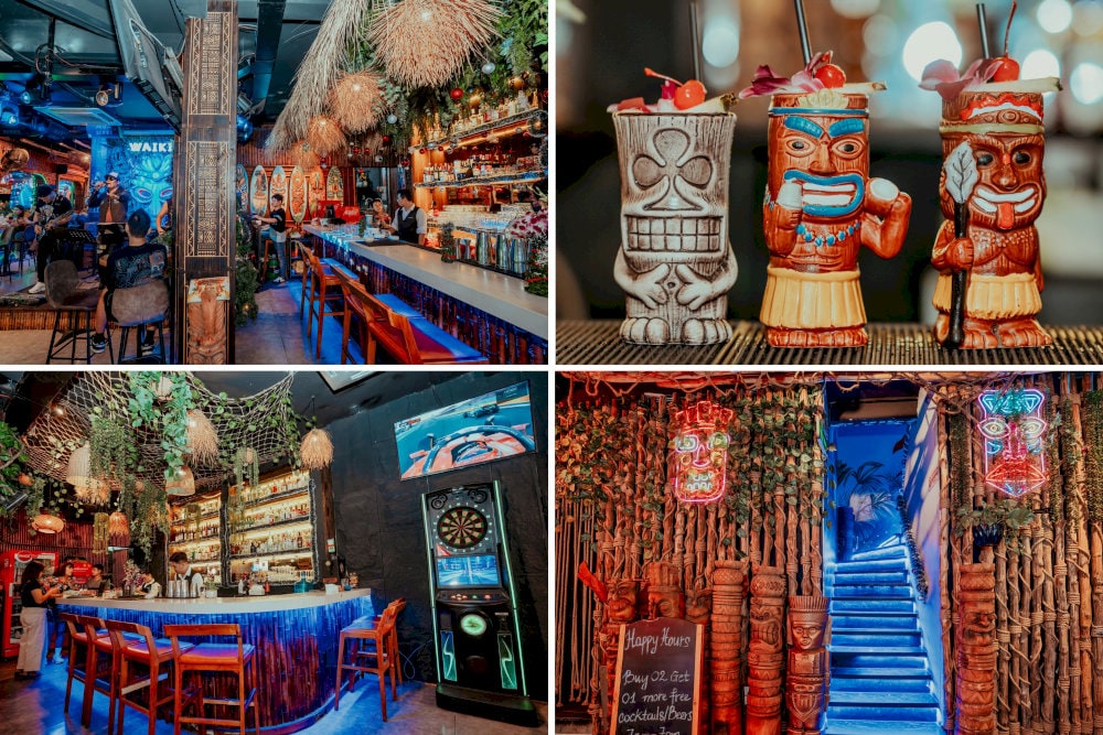 대나무 등불과 매혹적인 티키 동상이 빛나는 독특하고 활기찬 티키 바입니다