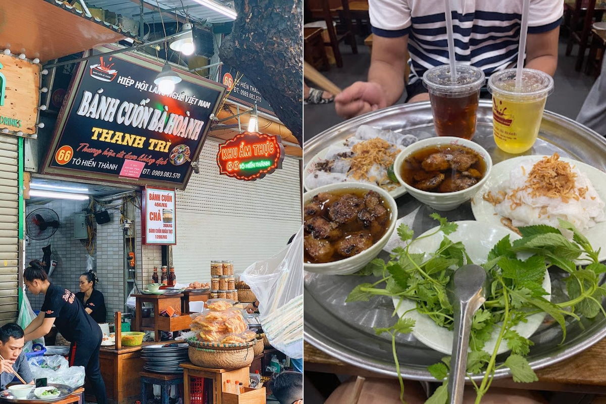 Bánh cuốn Bà Hoành với nhân thịt đẫm, ăn kèm rau sống và nước chấm chua ngọt ngon cuốn lưỡi