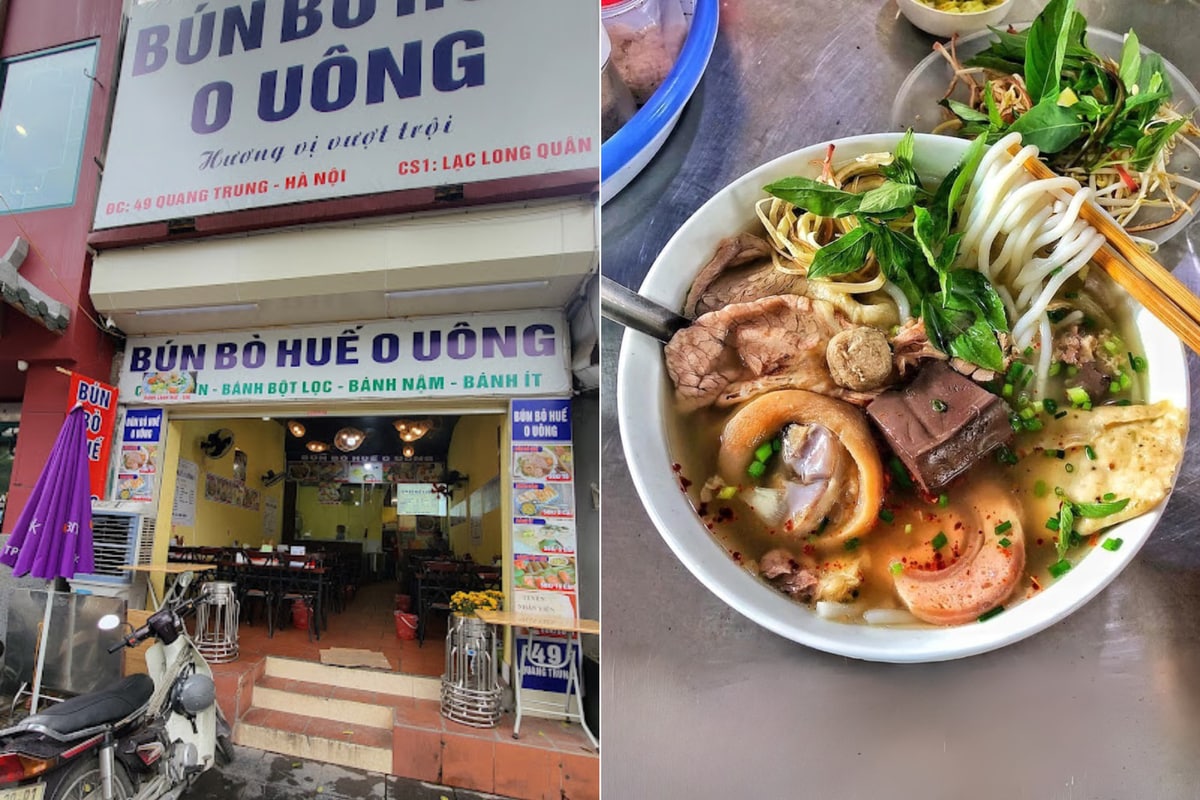 Bún bò Huế O Uông được biến tấu theo hương vị Hà Nội với nước dùng thanh đạm, ít mắm hơn