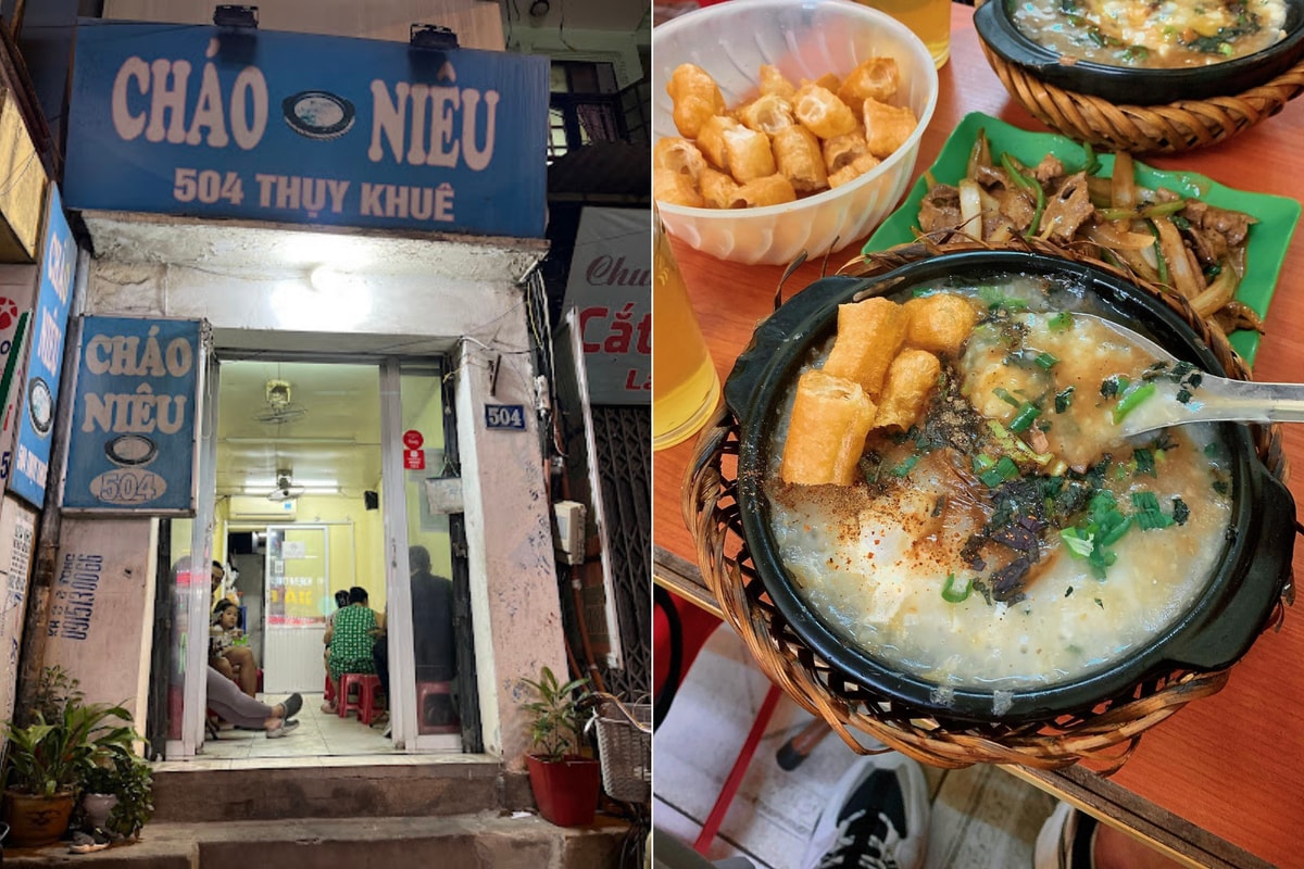 Cháo niêu ấm nóng, nghi ngút khói, ăn cùng với phần thịt xào đậm vị sẽ là bữa sáng hấp dẫn