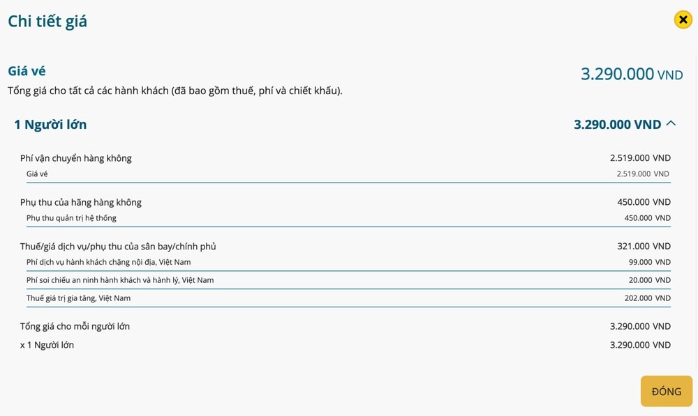 Giá vé máy hiển thị trên website Vietnam Airlines đã bao gồm thuế và phí phụ thu