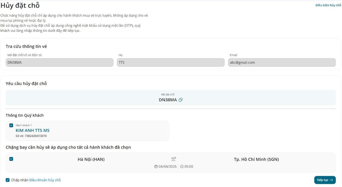 Hướng dẫn hủy đặt chỗ trên website 3.1.