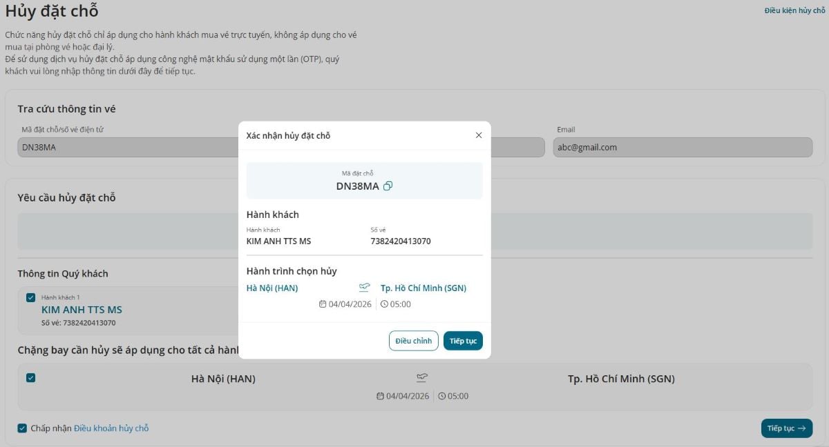 Hướng dẫn hủy đặt chỗ trên website 3.2.