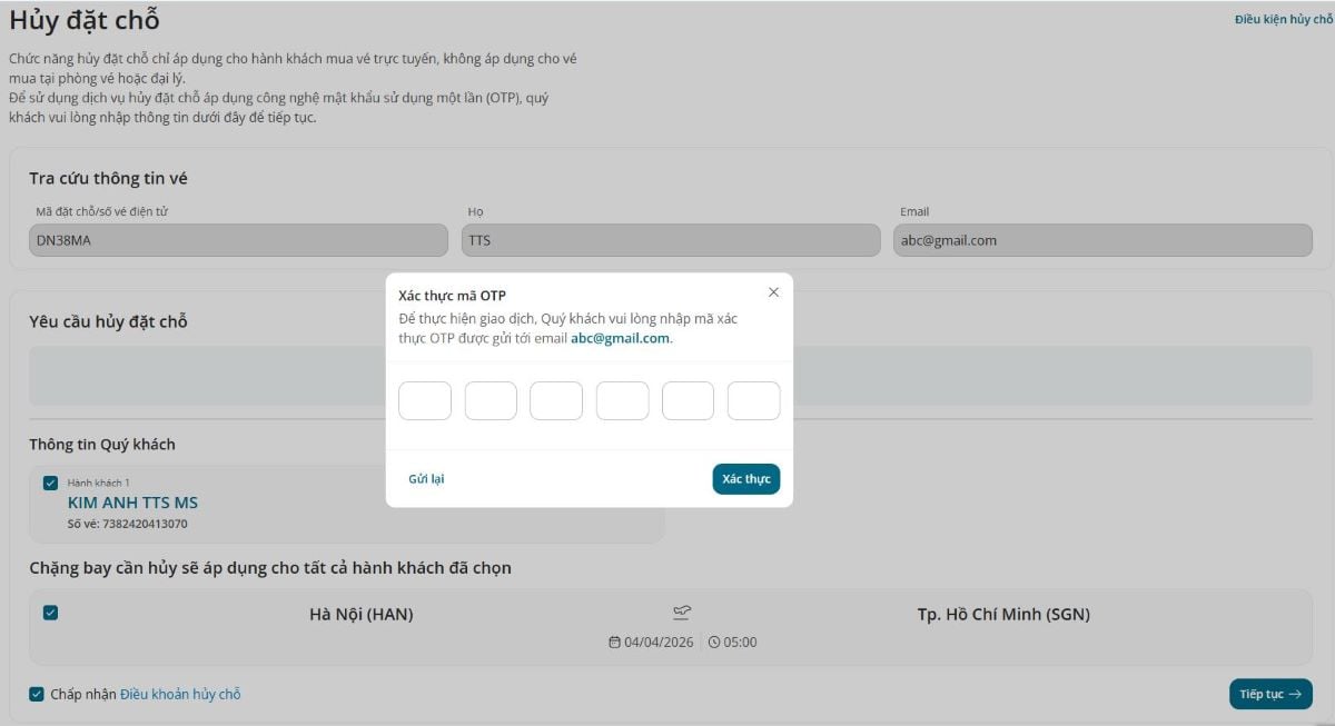 Hướng dẫn hủy đặt chỗ trên website 3.3.
