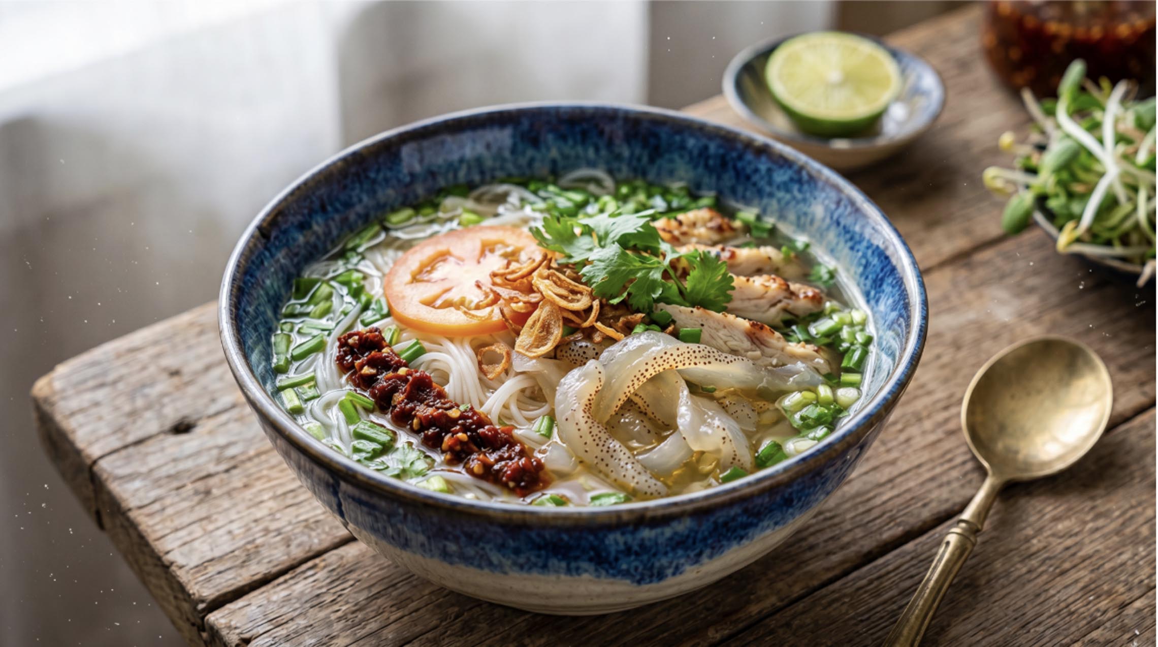 Traditional Bun Sua (Jellyfish noodle soup), a signature dish at a Nha Trang Restaurant Vietnam