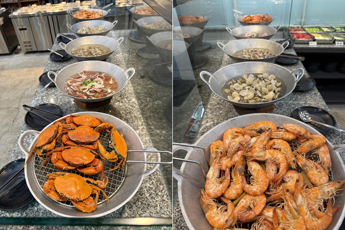 Quầy buffet tại quán có hải sản chế biến sẵn và tươi sống có thể nướng hoặc thả lầu tại bàn 