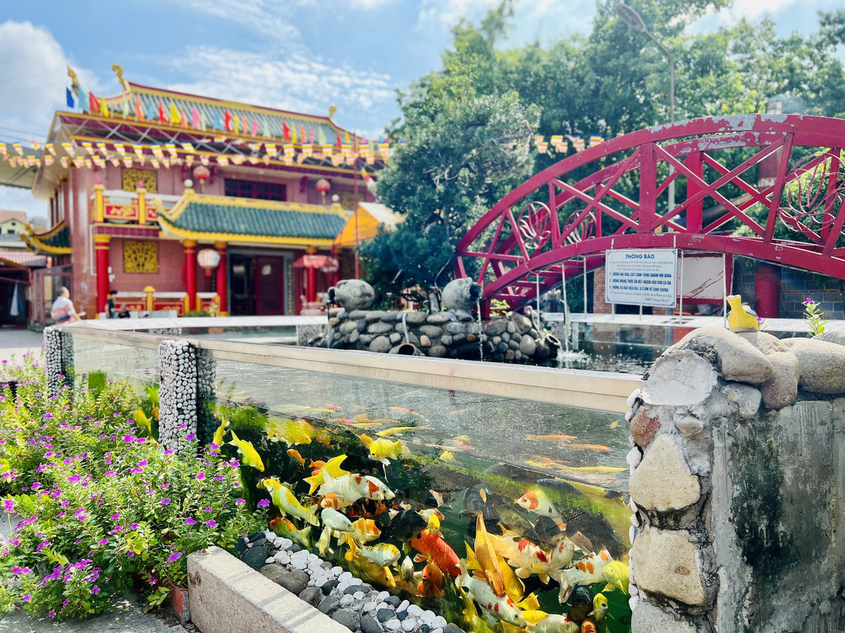 Hồ cá và cầu nhỏ ở khu vực trước chùa