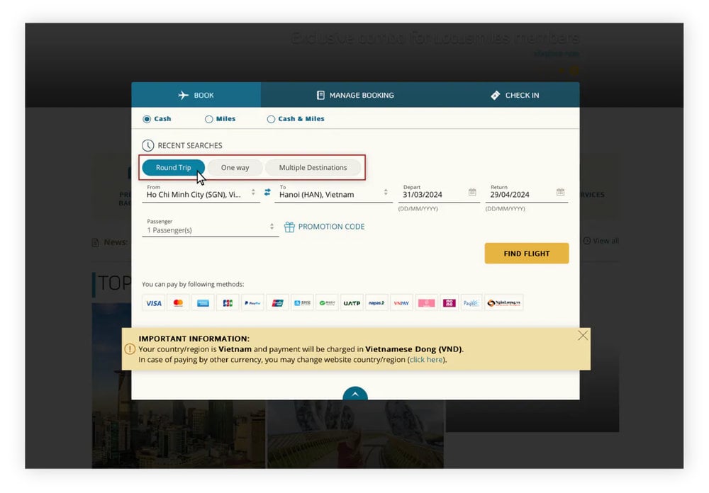 ベトナム航空ウェブサイトでのチケット予約ガイド