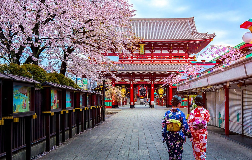 浅草寺は日本最古の寺院の一つで、春の桜に囲まれた美しい境内では、着物姿の参拝者が伝統的な日本の風情を演出し、多くの観光客に愛され続けています