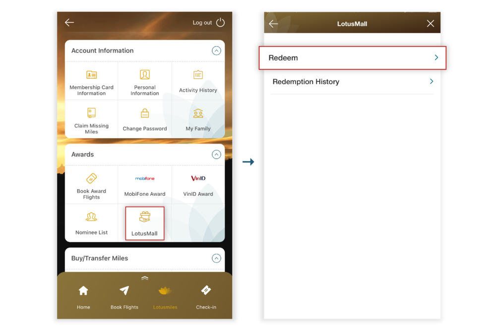 Đổi dặm lấy thưởng Lotusmall trên app VNA 2.