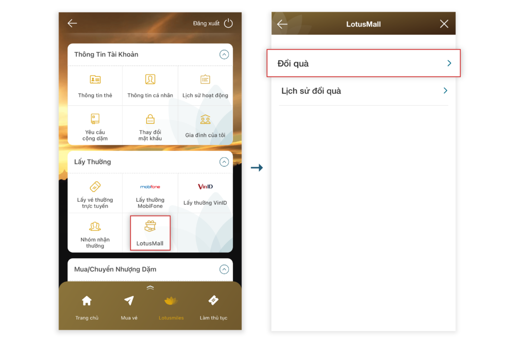 Đổi dặm lấy thưởng Lotusmall trên app VNA 2.