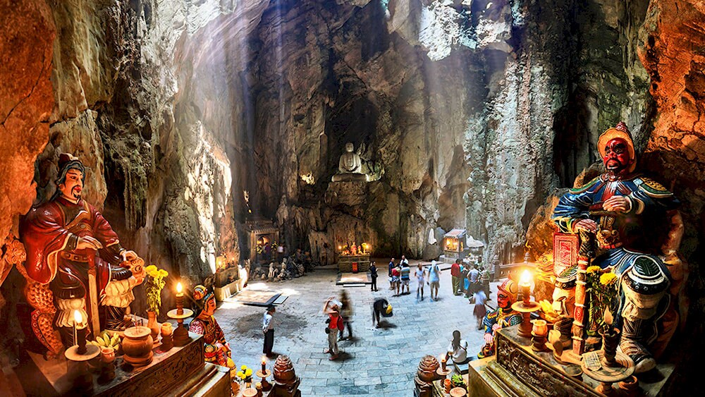 The Marble Mountains are a cluster of five limestone hills representing the five elements, famous for caves and ancient temples