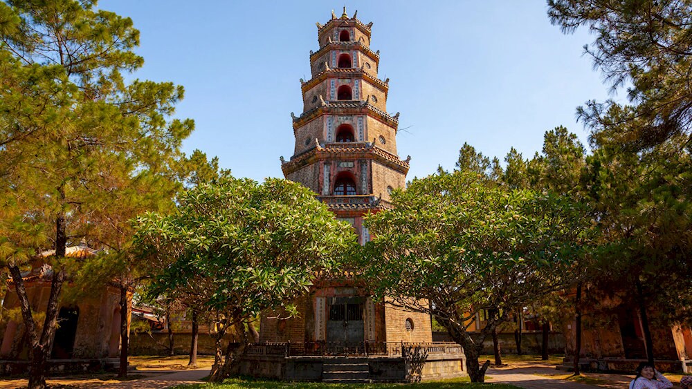 The seven-story Phuoc Duyen Tower draws attention with its serene setting and historical charm